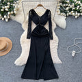 Elegant women's french-style high-end beaded v-neck lace long-sleeve patchwork waist-tie slit dress