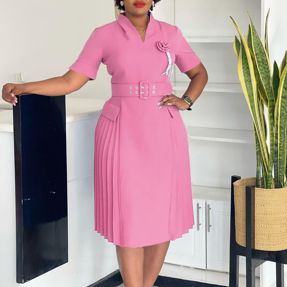 D584  foreign trade women's new fashion elegant v-neck solid color plus size pleated high waist african dress