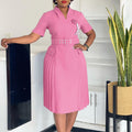 D584  foreign trade women's new fashion elegant v-neck solid color plus size pleated high waist african dress