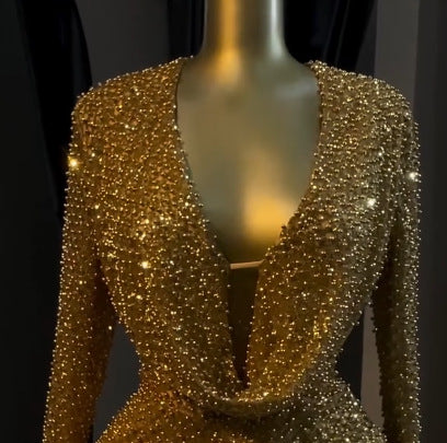European and american  cross-border women's autumn dress - unique street style sexy cutout sequin beaded evening gown