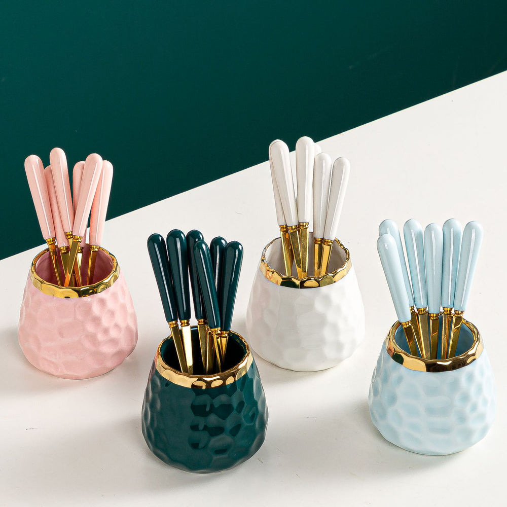 High-end stainless steel fruit fork and spoon set for home use - light luxury design, includes cake forks, dessert forks, storage jar, and cutlery forks/spoons