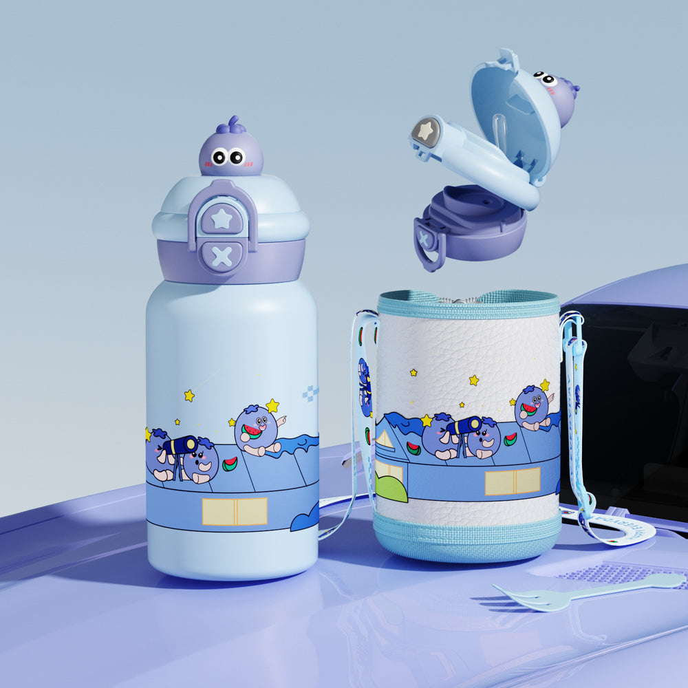 Double-drink kids' thermos with straw, 316 stainless steel, cartoon portable bounce lid, creative figurine student water bottle