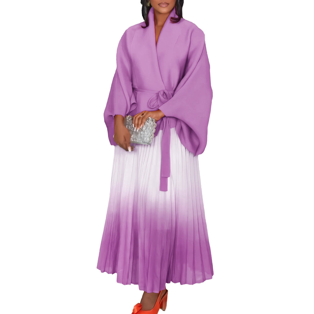 C8610 african plus size women's spring new fashion tie-up batwing sleeve top and gradient color midi skirt two-piece set