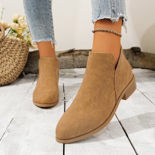 Fashionexportplus size leather boots women's boots pure colorslimming look pointed toe back zipper casualthick sole thick heel boots women's single