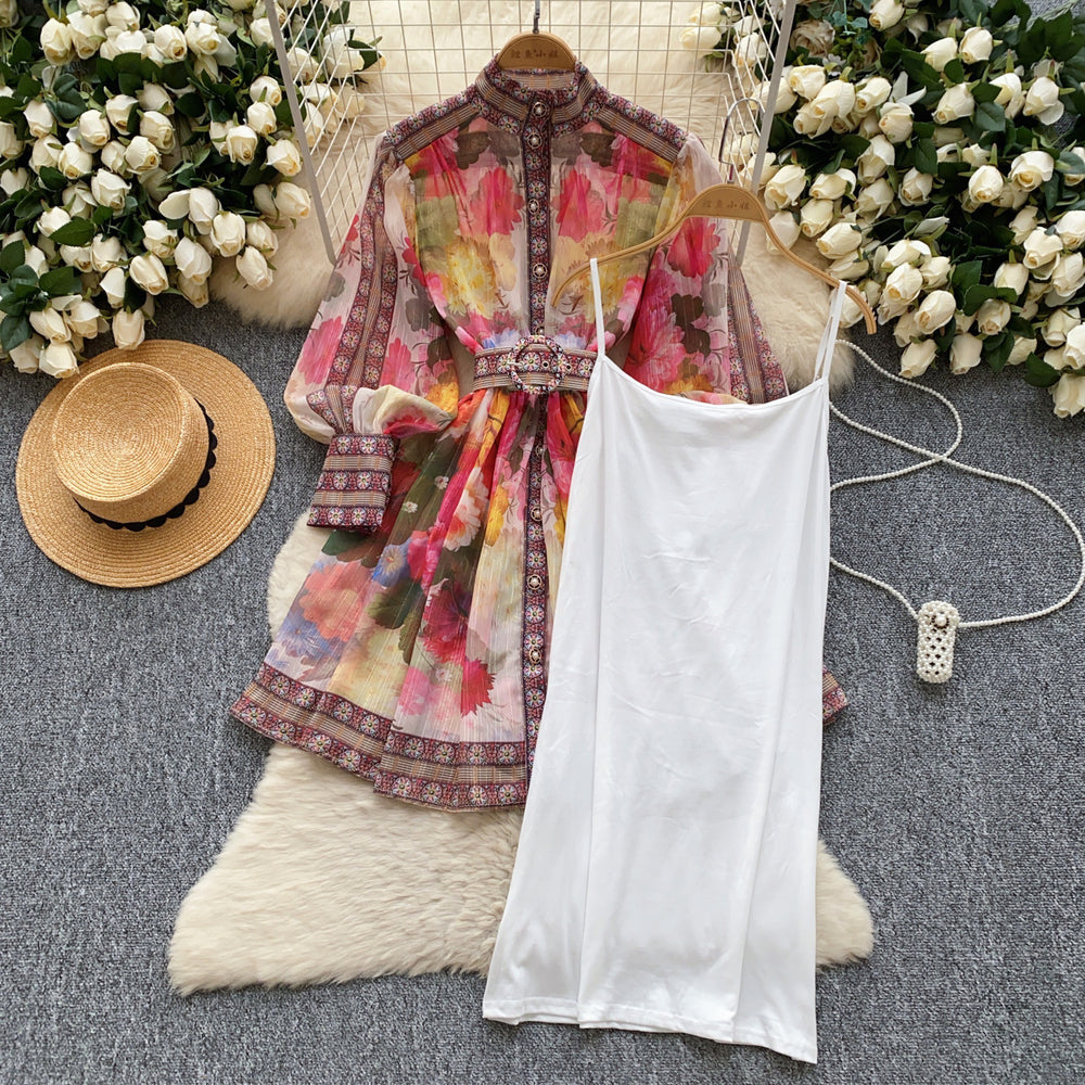 Fashionable and high-end positioning printing lantern sleeves tie back waist stand collar single-breasted fluffy elegancedress