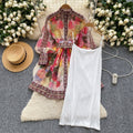 Fashionable and high-end positioning printing lantern sleeves tie back waist stand collar single-breasted fluffy elegancedress