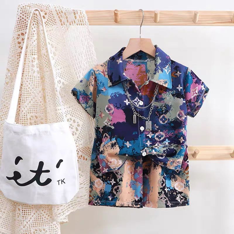 Boys' short-sleeve floral shirt beach vacation style summer baby short-sleeve top trendy shirt kids' shorts set