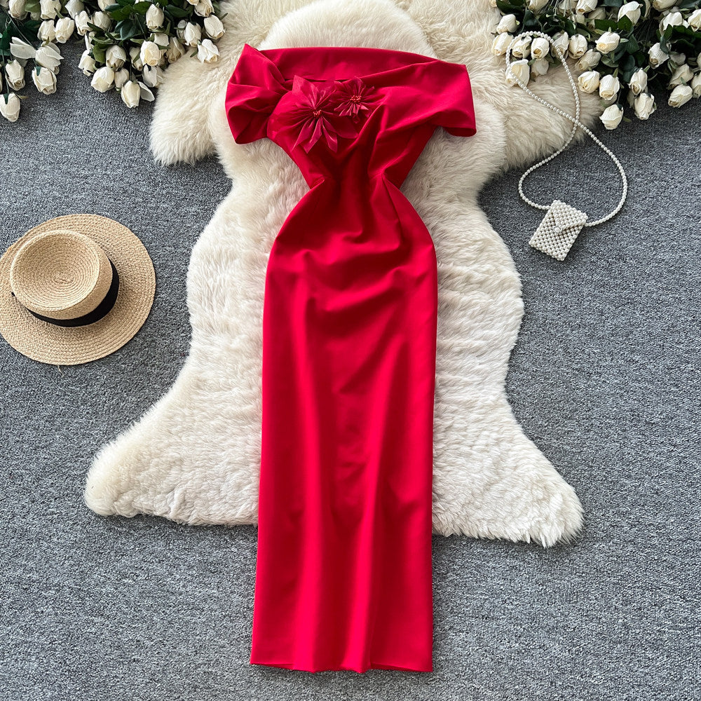 Pure desire style one shoulder sleeveless eleganteasiest for matchdress women's stereo flower decoration waist slimming lookelegant skirt