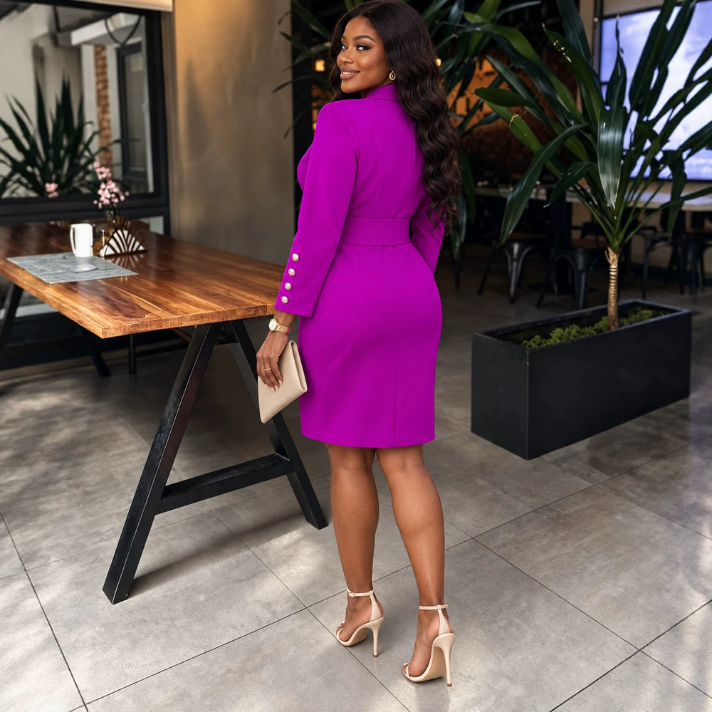 New autumn suit dress: commuter-ready, elegant, slim-fit, double-breasted office dress with a figure-flattering, bodycon silhouette