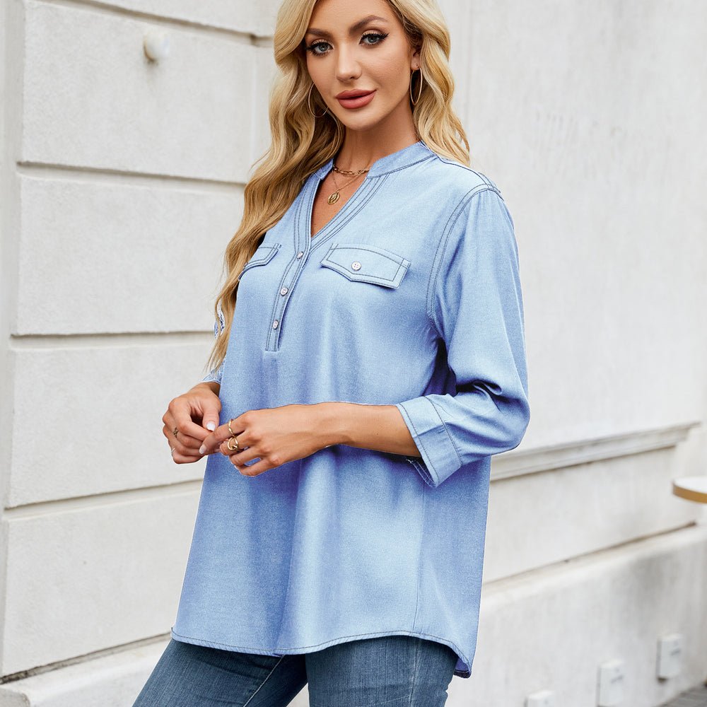 European and american cross-border e-commerce  women's spring/summer new arrivals:  &  casual loose-fit denim-look long shirt