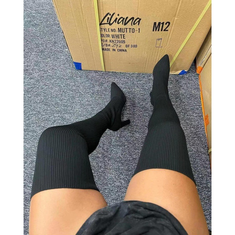 Autumn winter pointed toe thick heel knitting over-the-knee boots women's fashion cross-border exportplus size elastic wool socks boots
