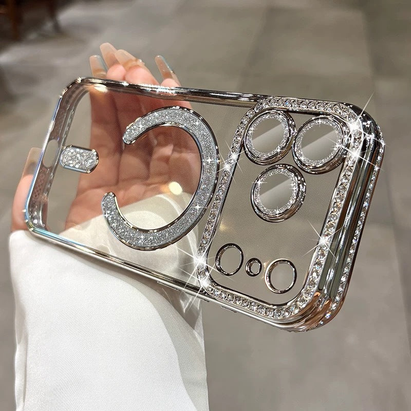 Suitable for iphone17promax mobile phone case, high-end edge diamond magnetic glitter lens film, apple 15 protective cover