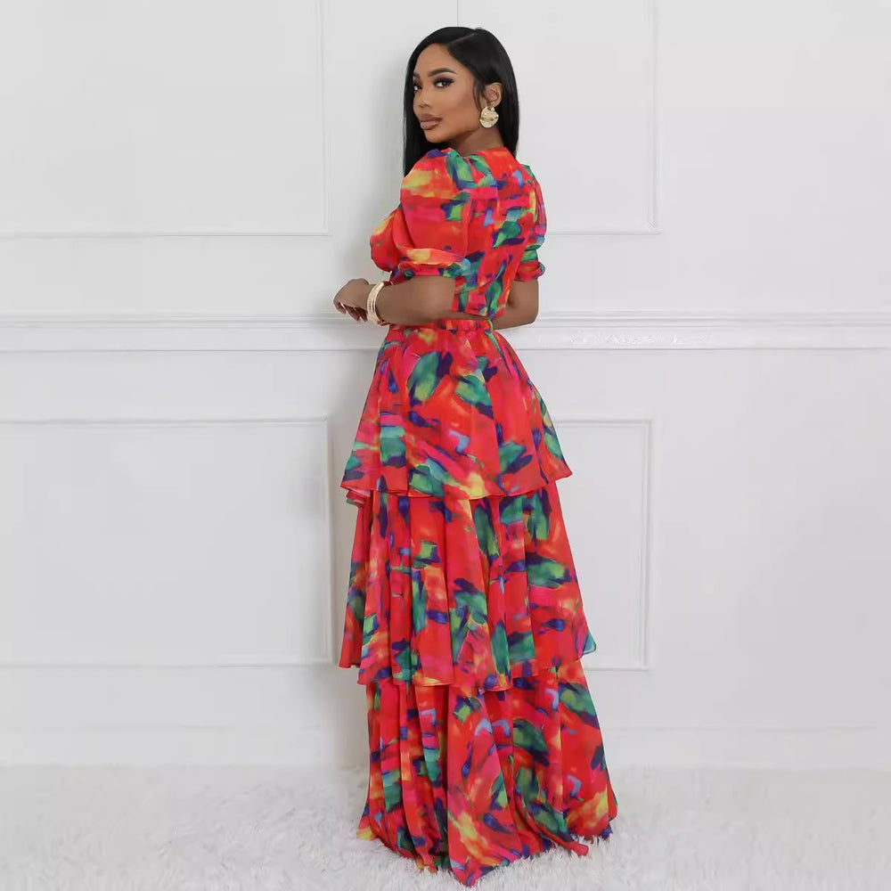 European and american cross-border women's fashion  summer new collection: bandeau u-neck top with printed cinched waist tiered skirt two-piece set