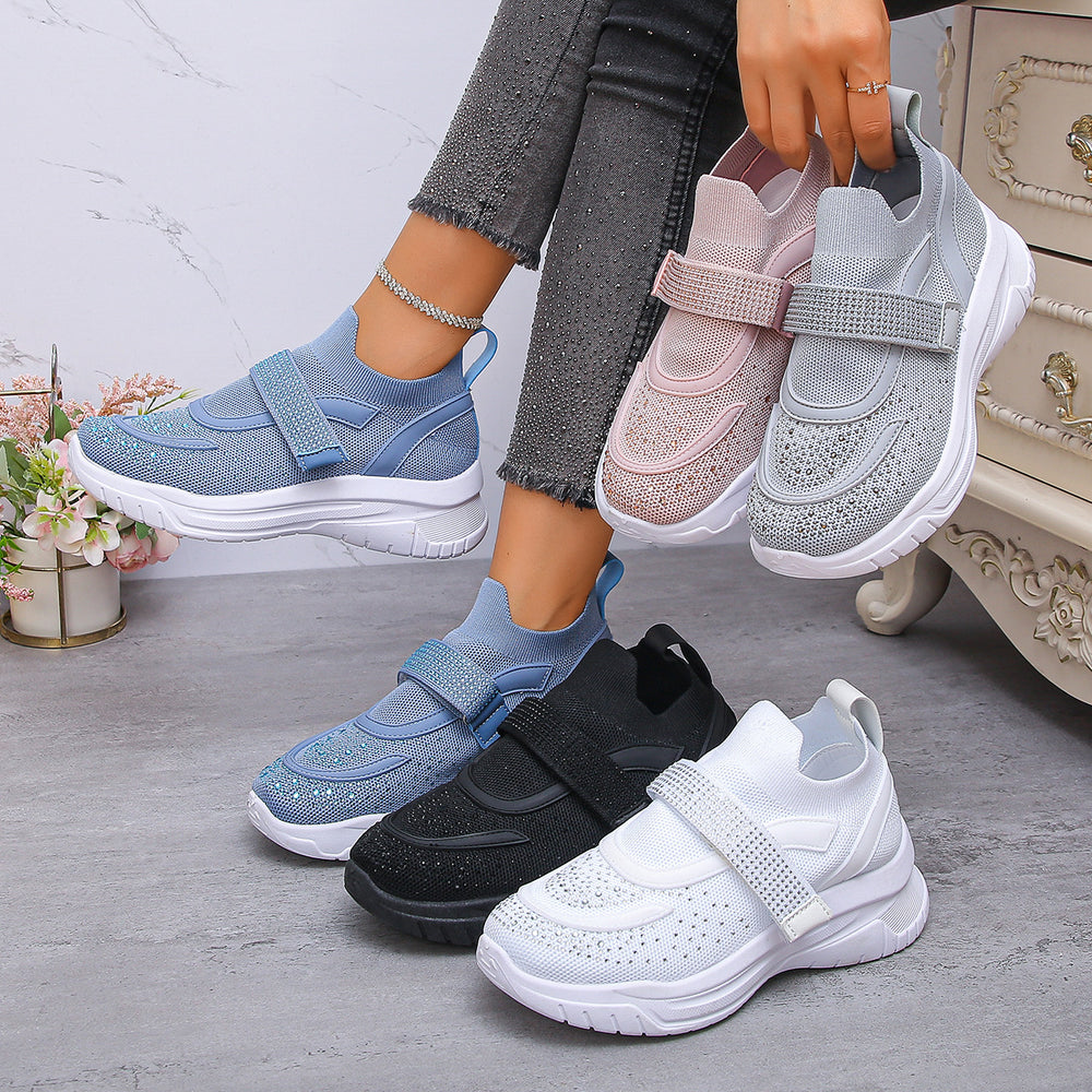 Exportplus sizespring & fallnew arrivalfashion rhinestone deep mouth thick sole breathable beaded velcro fly woven sports casual shoes