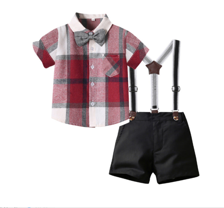 New british style boys' summer gentleman's first birthday outfit, kids' short-sleeve plaid shirt, boys' performance costume