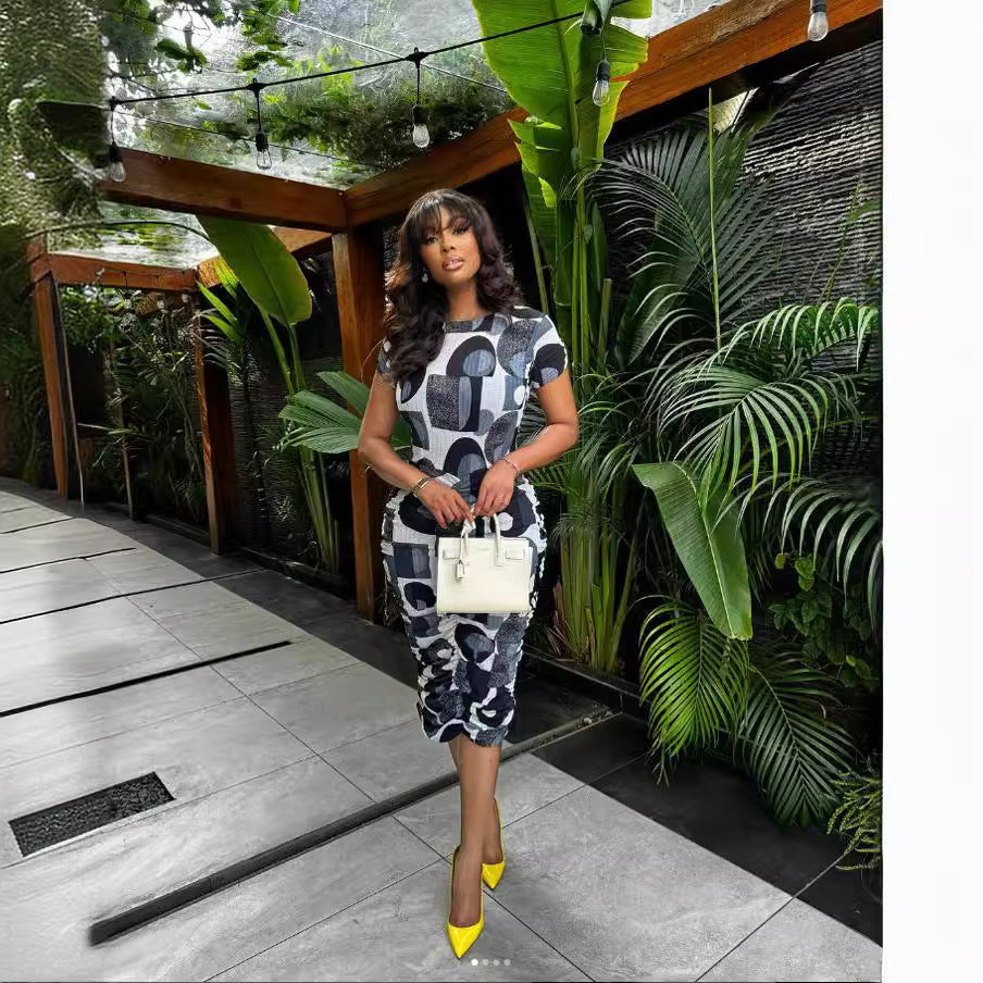 European and american cross-border women's fashion: elegant round neck bodycon mini dress -  summer new arrival, short sleeve printed dress