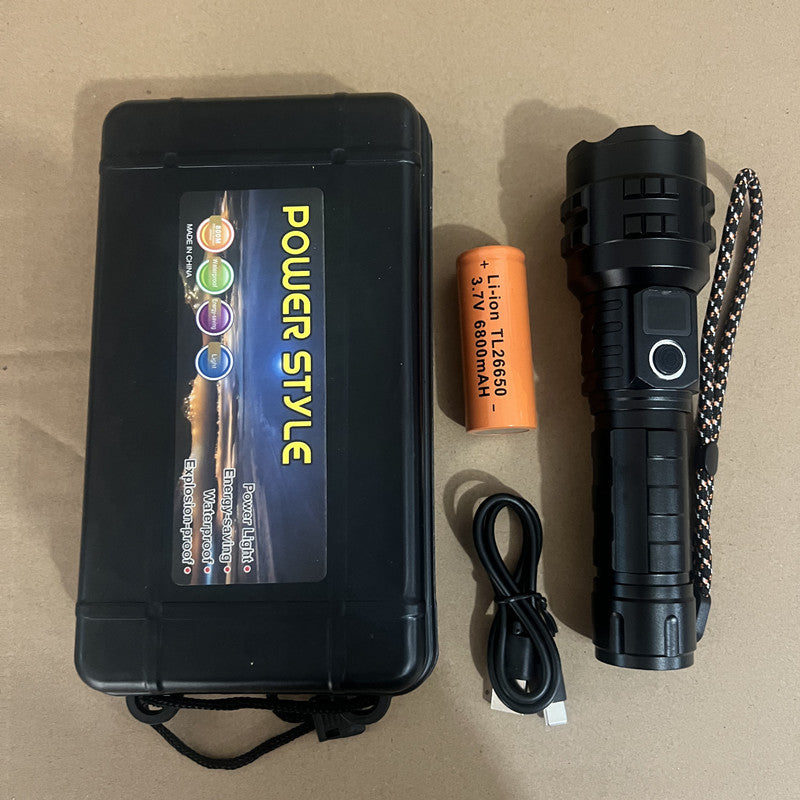 Cross-border new XHP-70 strong light Ttpe-c charging power display safety tail hammer retractable zoom flashlight