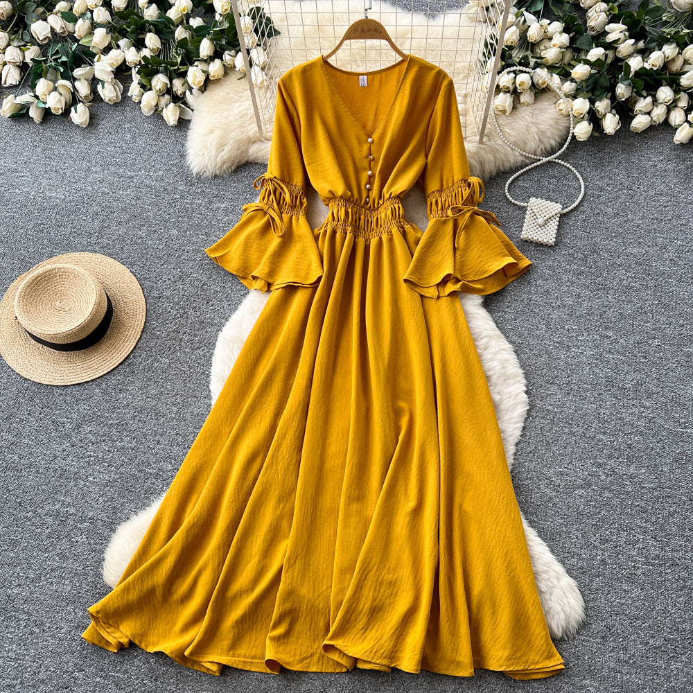 Vintage chic lantern sleeve v-neck tie-up dress - spring korean style women's red slimming waist elegant maxi dress