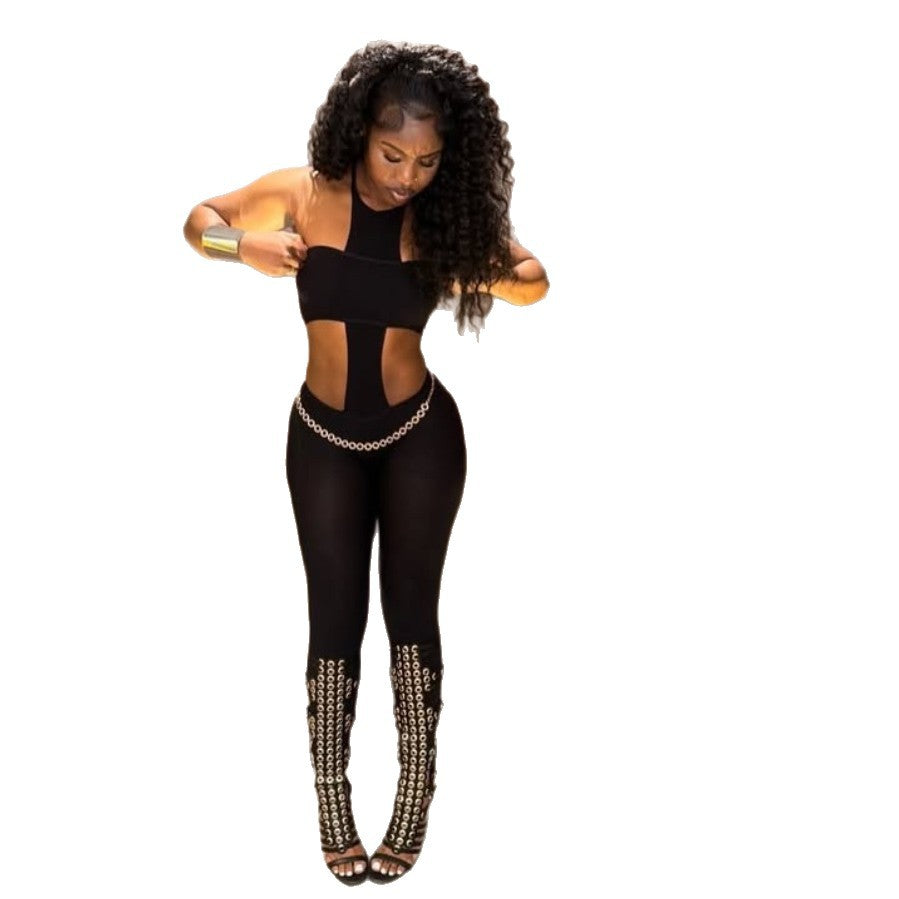 fashion cross-border sexy hot girl nightclub style tight silm tube top halterpantsfashionsuit women's clothing
