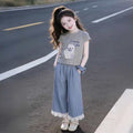 Girls' outfit  new children's wear girl's cat letter plaid two-piece set casual short sleeve summer fashionable style