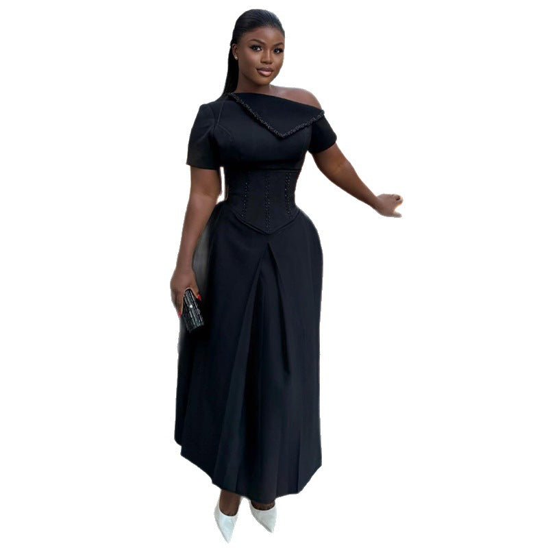 European and american cross-border women's fashion:  spring new arrival - elegant asymmetrical neck black heavy embellishment slim-fit midi dress