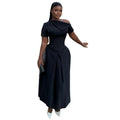 European and american cross-border women's fashion:  spring new arrival - elegant asymmetrical neck black heavy embellishment slim-fit midi dress