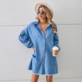 Wishfashion cross-border foreign trade independent station  new loose denim long-sleeved raw edge dress mid-length skirt