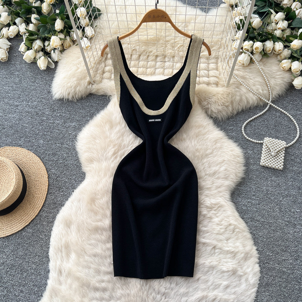 Korean style commute outfit: black sleeveless dress - slim fit, a-line knit dress with high waist for the workplace