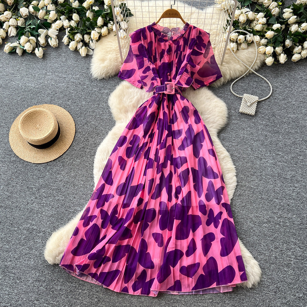 French riviera style butterfly print dress - women's summer korean v-neck slimming a-line maxi dress - elegant & commute-friendly
