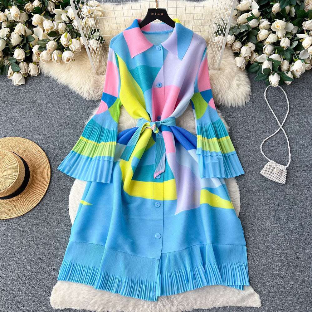 French retro chic pleated print women's summer loose fit slimming casual tiered waist midi dress