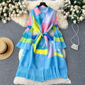 French retro chic pleated print women's summer loose fit slimming casual tiered waist midi dress