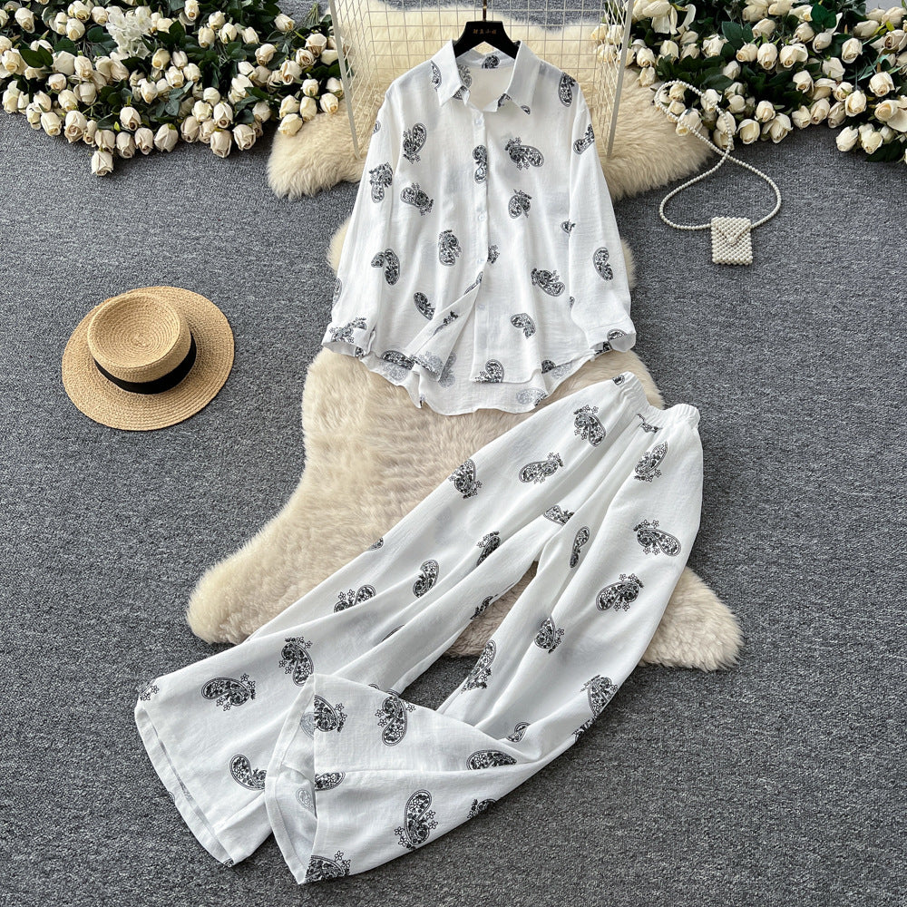 export retro print shirt & high-waisted wide-leg pants two-piece set - women's autumn/spring commute chic casual outfit