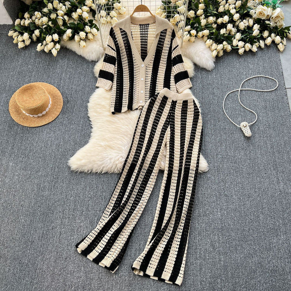 Women's summer v-neck loose knit cardigan top + wide leg pants set - color block striped cutout outfit