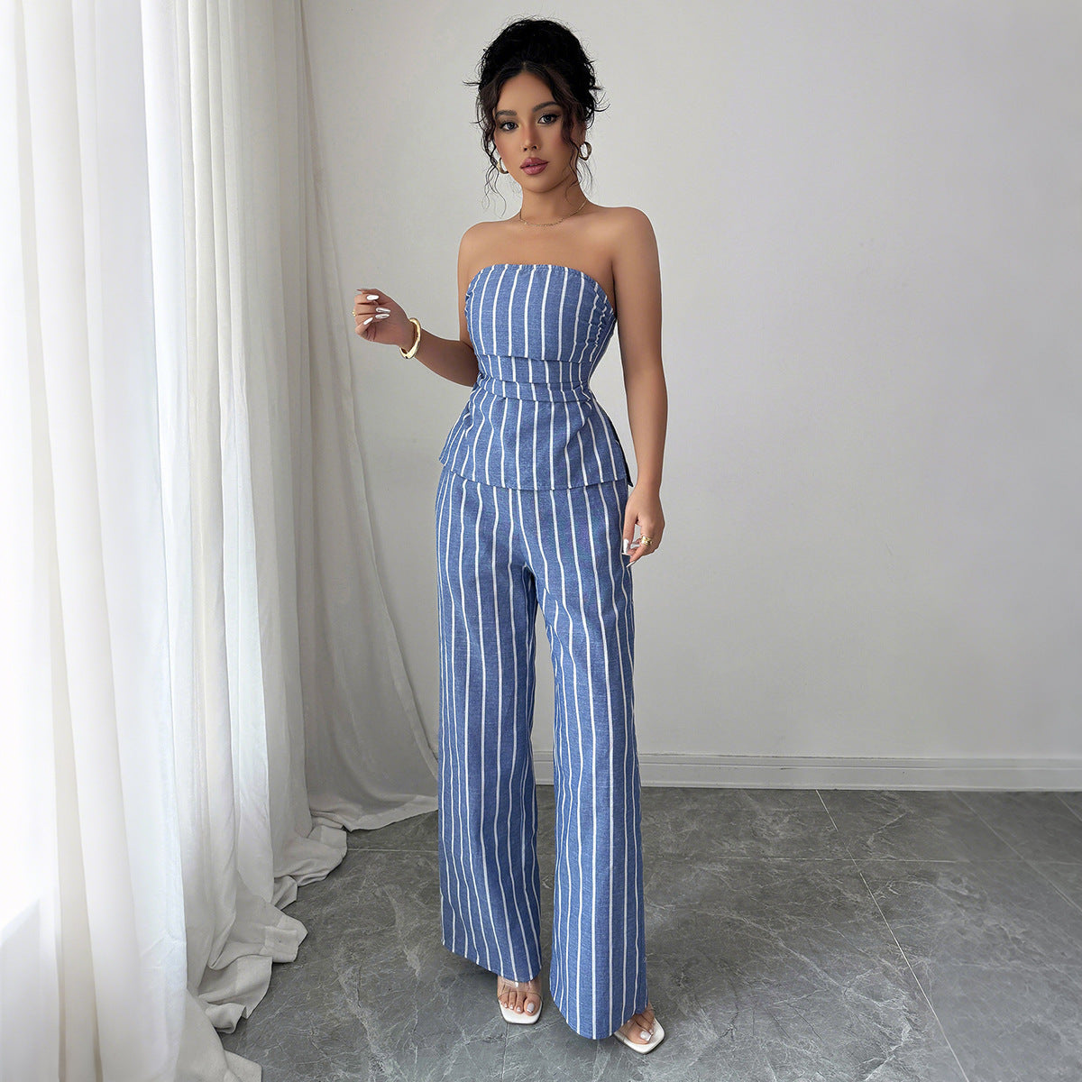Cross-border fashion elegant tube top striped trousers two-piece suit women's clothing 2025 spring and summer  non-ironing and comfortable