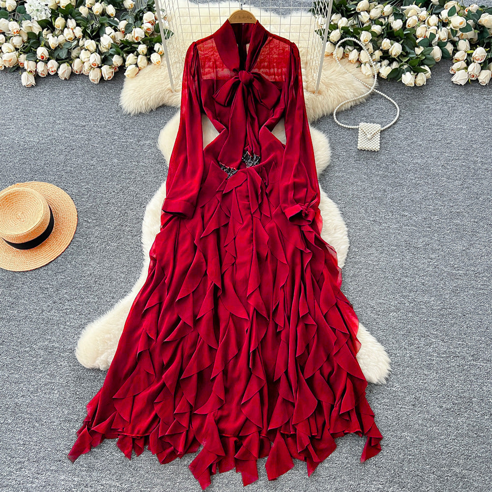 French chic bow-tie long sleeve ruffle hem dress - autumn slimming elegance