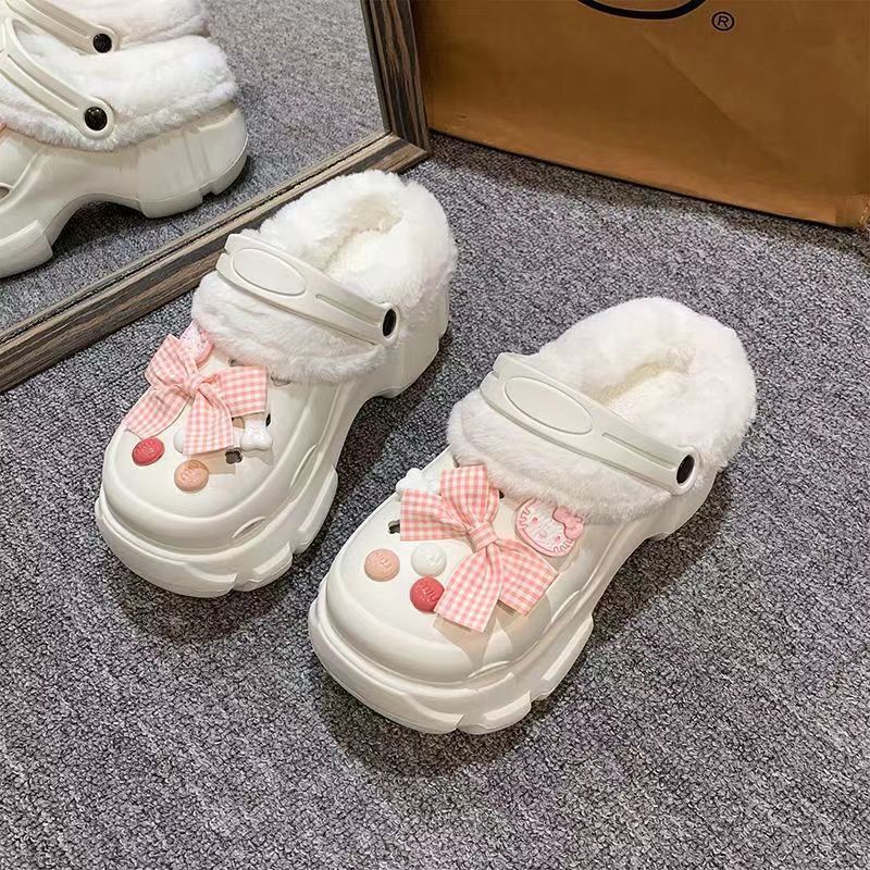 Fleece-lined cotton clogs for women, autumn and winter inner lining, 2024 new style, outer wear, height-increasing thick sole, furry cotton slippers for winter