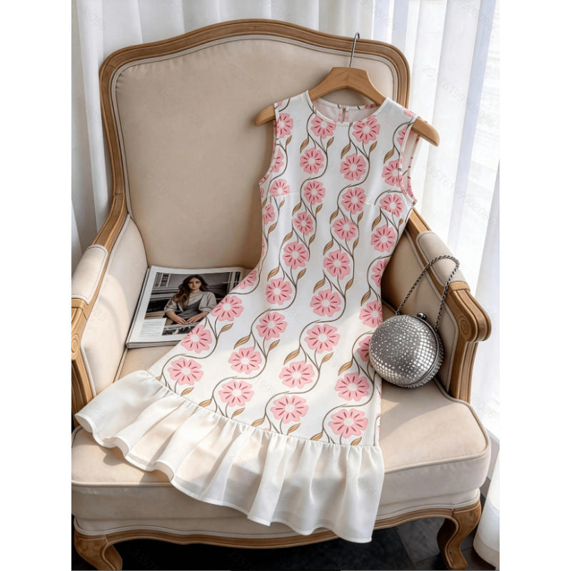 Women's summer fashionable minimalist elegant floral print round neck slim fit sleeveless ruffle hem short dress