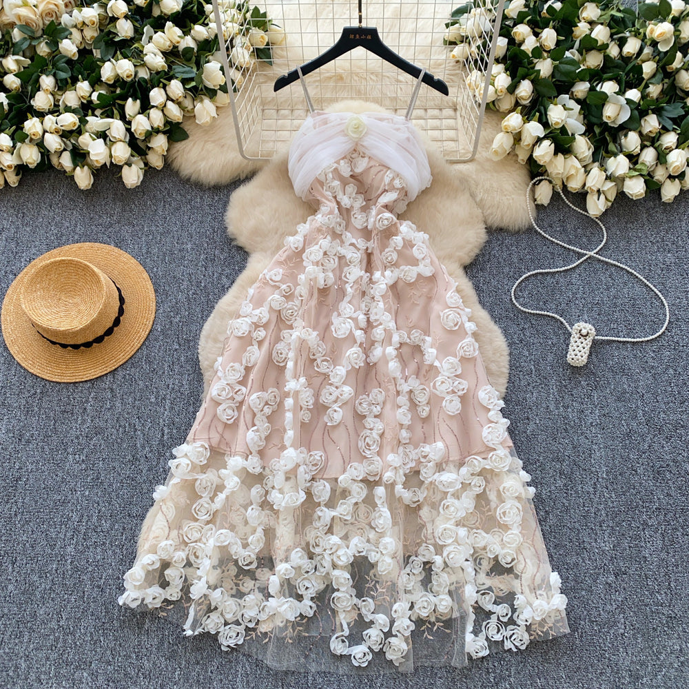 Evening gown high-end women's dress 2025 spring french sequin 3d floral waist-cinching spaghetti strap mesh dress