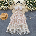 Evening gown high-end women's dress 2025 spring french sequin 3d floral waist-cinching spaghetti strap mesh dress