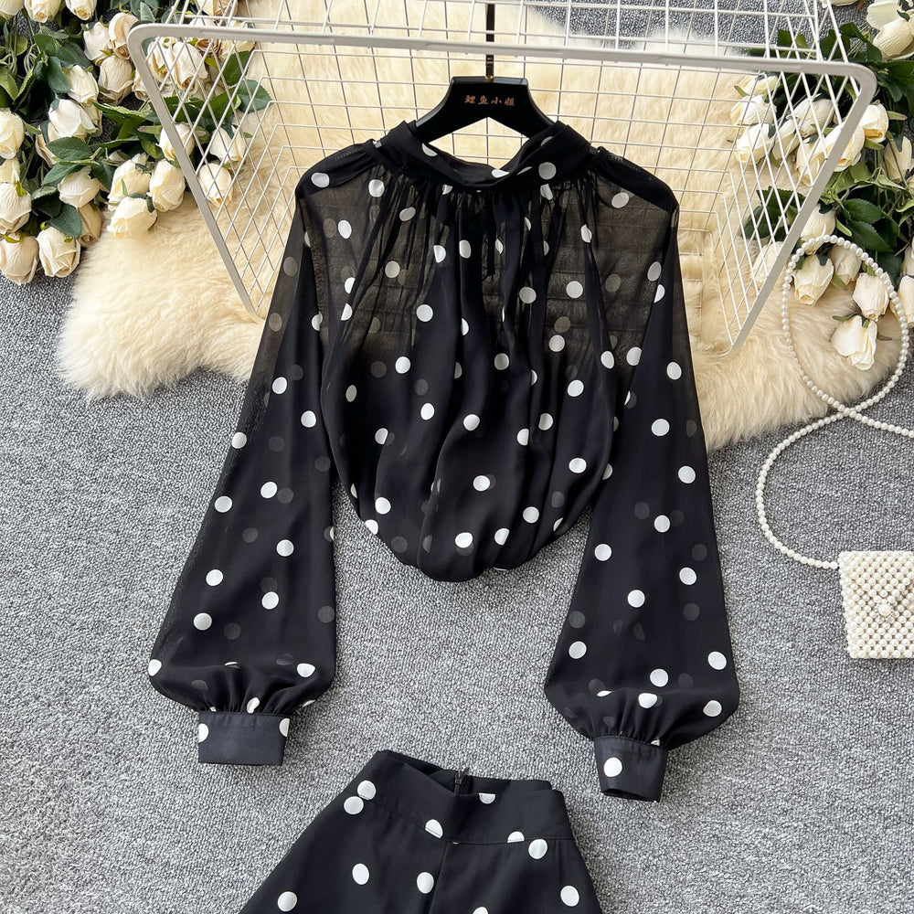Lightly mature eleganttwo-piece set women's classy sense bows pleated polka dot chiffon topshigh waistloose casual pants