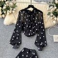 Lightly mature eleganttwo-piece set women's classy sense bows pleated polka dot chiffon topshigh waistloose casual pants