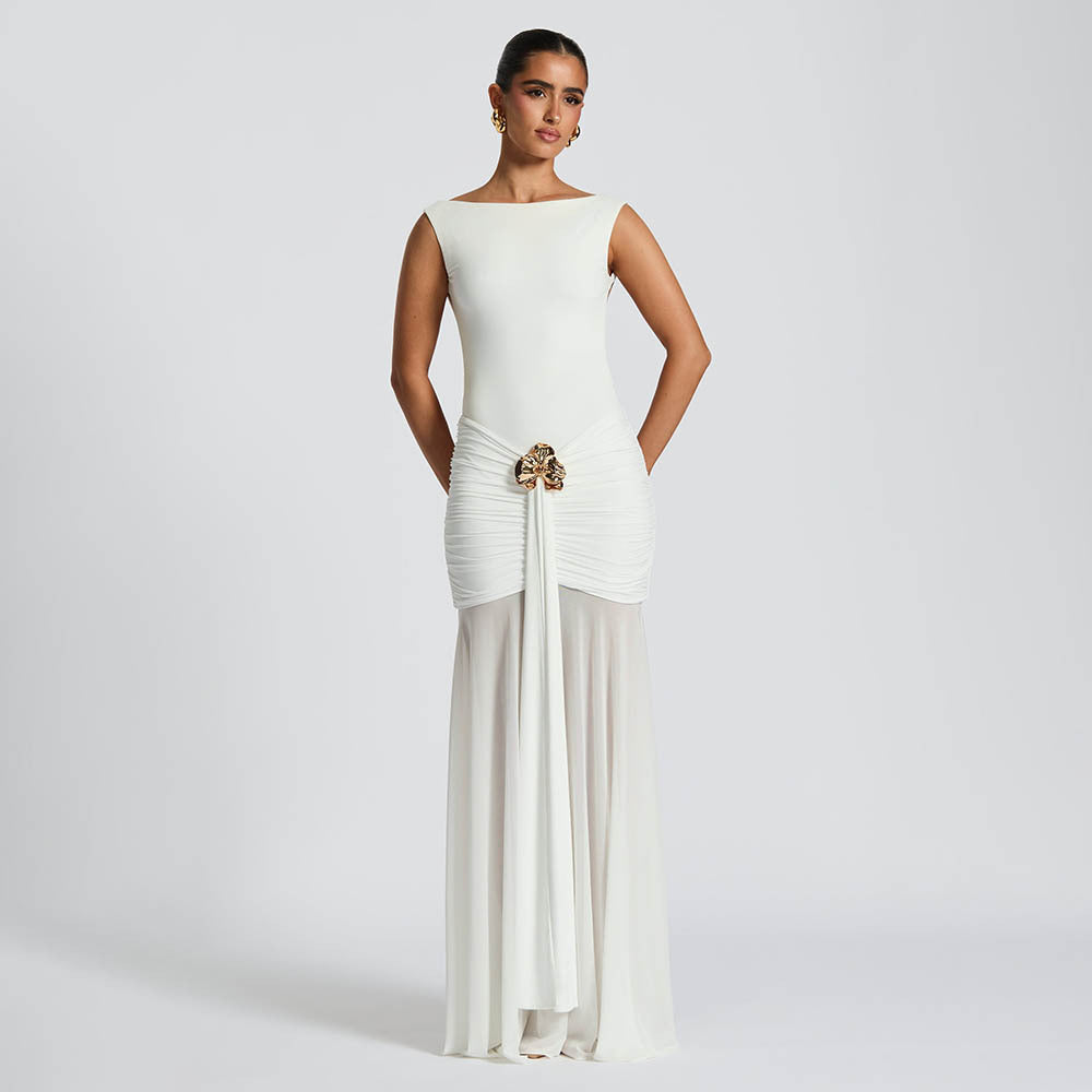 fashion spring/summer new arrival: sleeveless, backless, pleated, and patchwork sexy bodycon dress with elegant ribbon detail