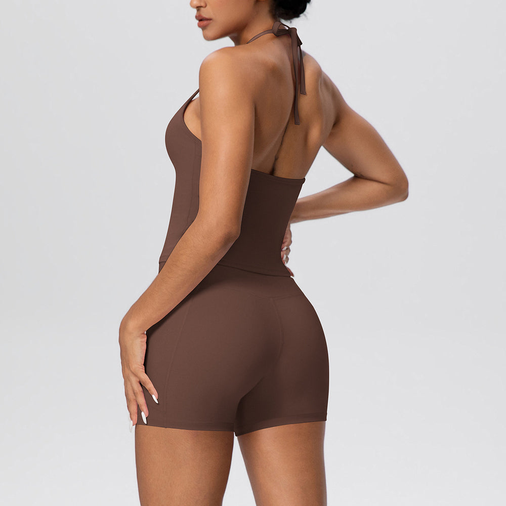 pure color brushed beautiful back tight strap halterflap pocket pants yoga suit sports running shortstwo-piece set