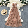 French sleeveless bandeau pleated dress women's summer high waist slimming elegant long mesh gown