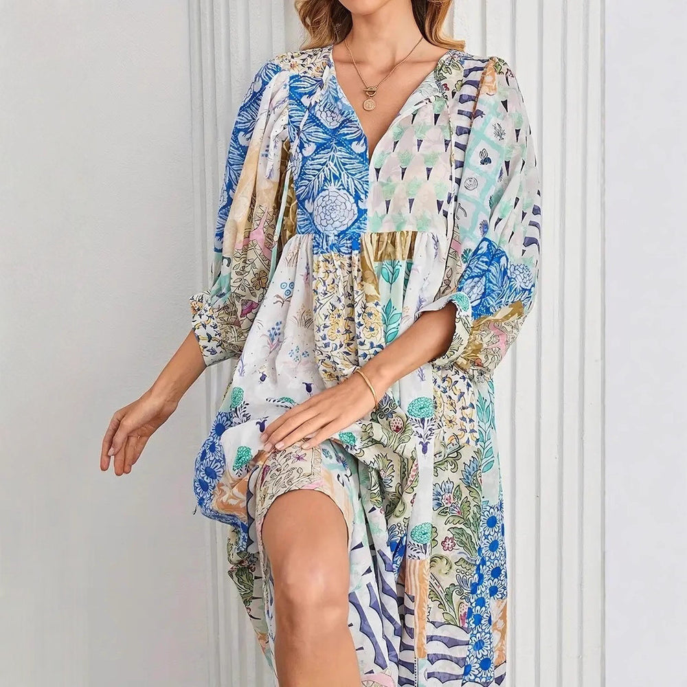 European and american cross-border   hot seller: bohemian lantern sleeve fashion print maxi dress