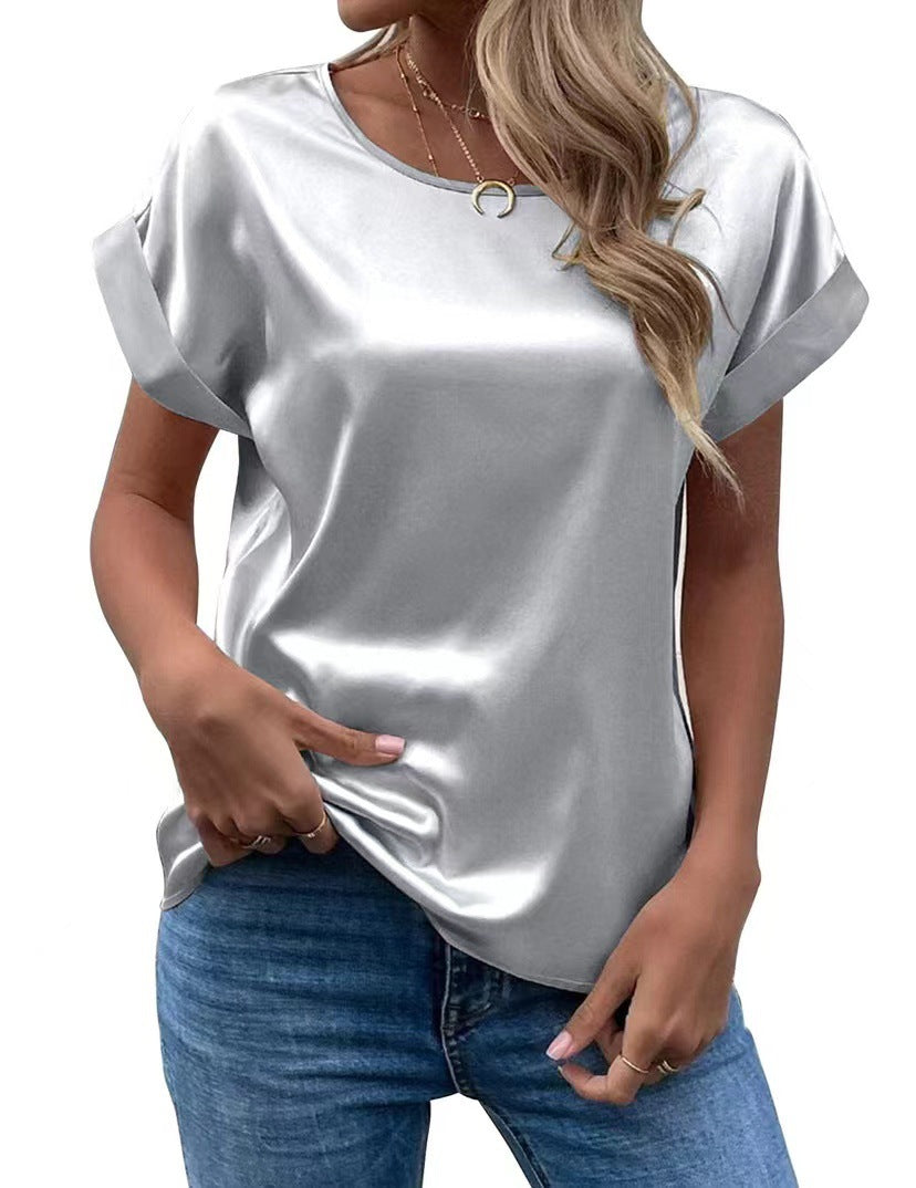 Women's short-sleeve satin blouse - relaxed fit, versatile crew neck, satin shirt - cross-border   new arrival