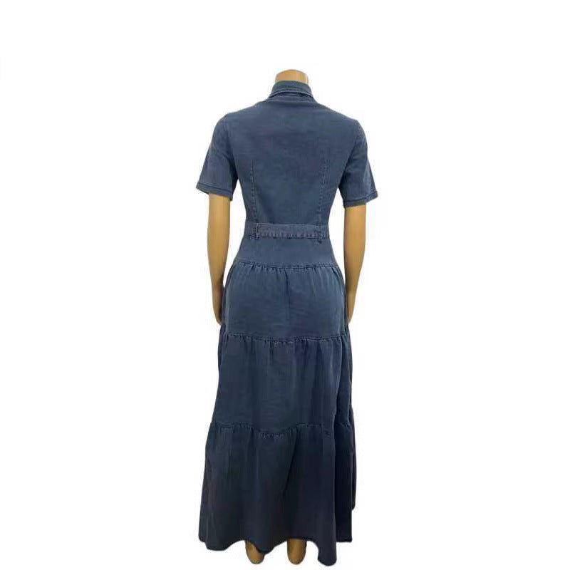 European and American new lapel button cardigan belt waist short-sleeved denim dress  women's clothing