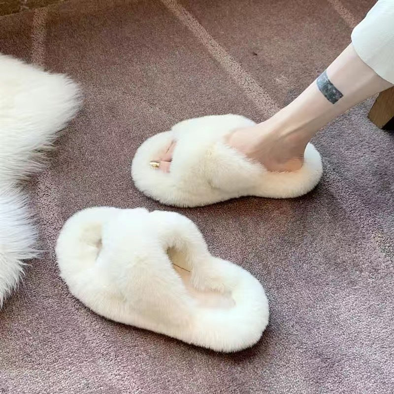 New arrival cross strap best selling fur slippers for women fall and winteroutwearplatform shoesthick soleheight increasing soft solefor homeoutwear cotton slippers