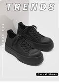 Spring chunky sneakers: black platform height increasing athletic casual board shoes, versatile commute leather low-top wear-resistant derby shoes