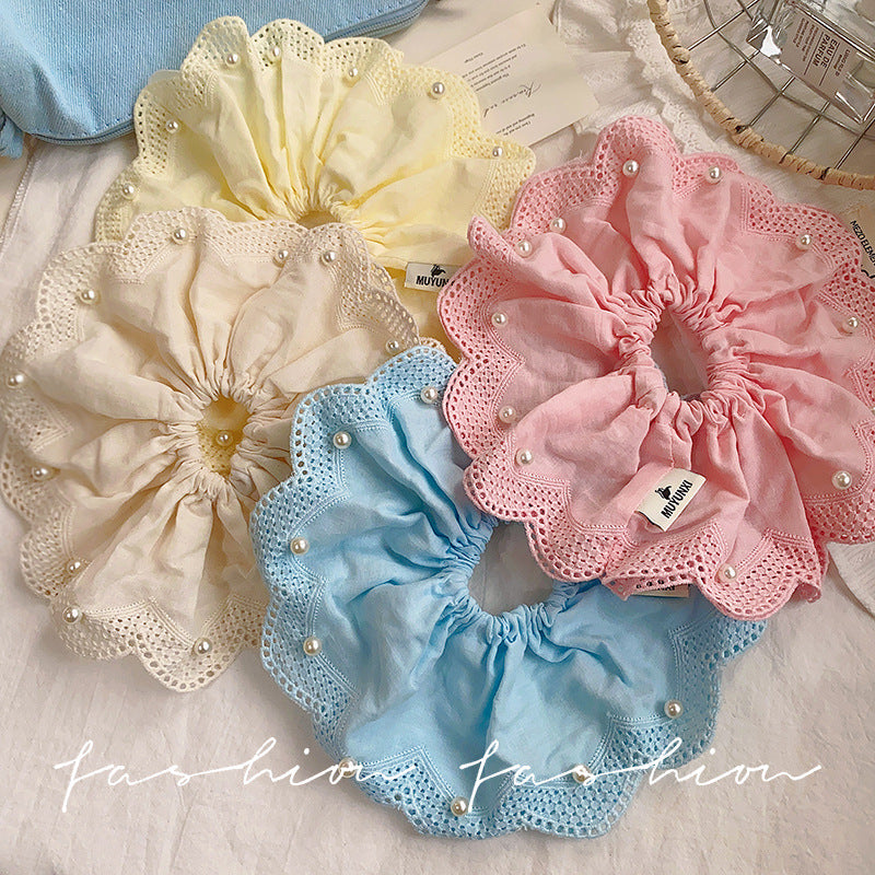 Korean dongdaemun sweet lace trim scrunchie, premium pearl hair tie, ponytail holder, durable hair accessories